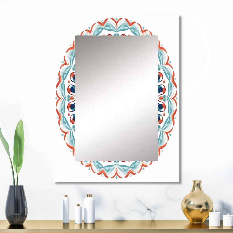 Sacred Mandala In Retro Blue And Orange I - Boho Mandala Mirror, Traditional Decorative Wall Mirror, Printed Metal Art