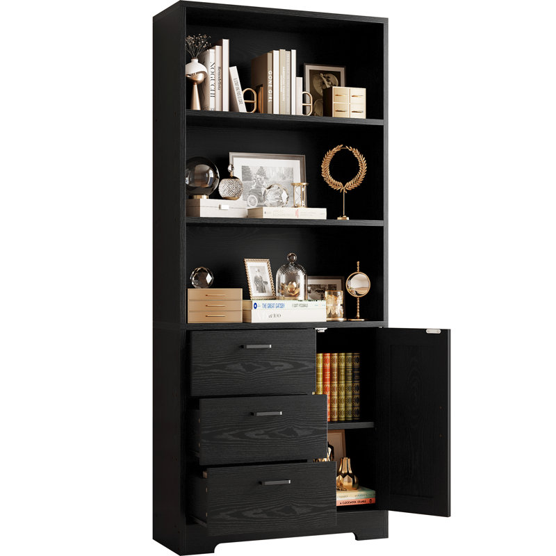 Bibliothèque moderne en bois de style moderne H 71 "avec porte et 3 tiroirs, tablettes ouvertes à 3 niveaux, Noir