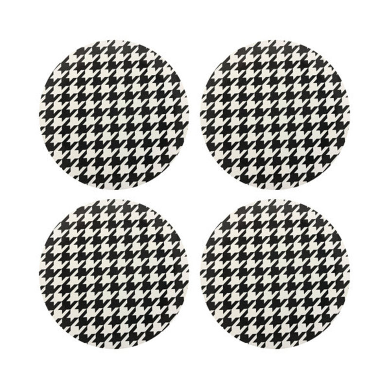 Houndstooth Black White Vegan Leather Round Coasters, Black White