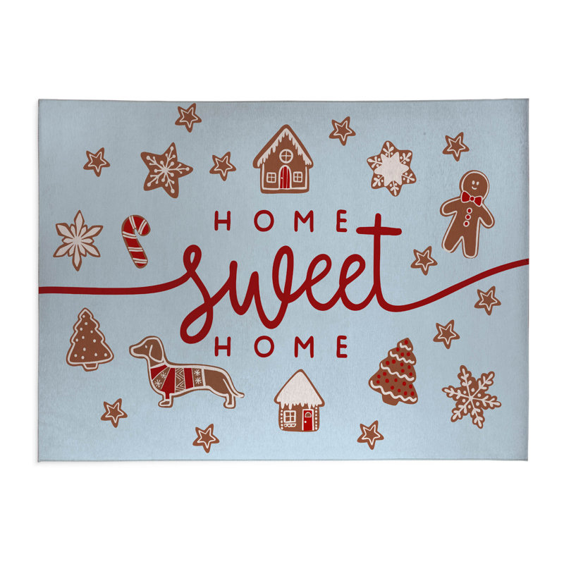 Gingerbread Home Sweet Home Silver Blue Low Profile Kitchen Mat, Silver/Red/White, Rectangle 5' x 7'