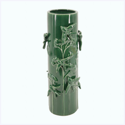 14.8"H Tall Green Ceramic Vase with Sculpted Birds & Vines Design, Decorative Nature Vase