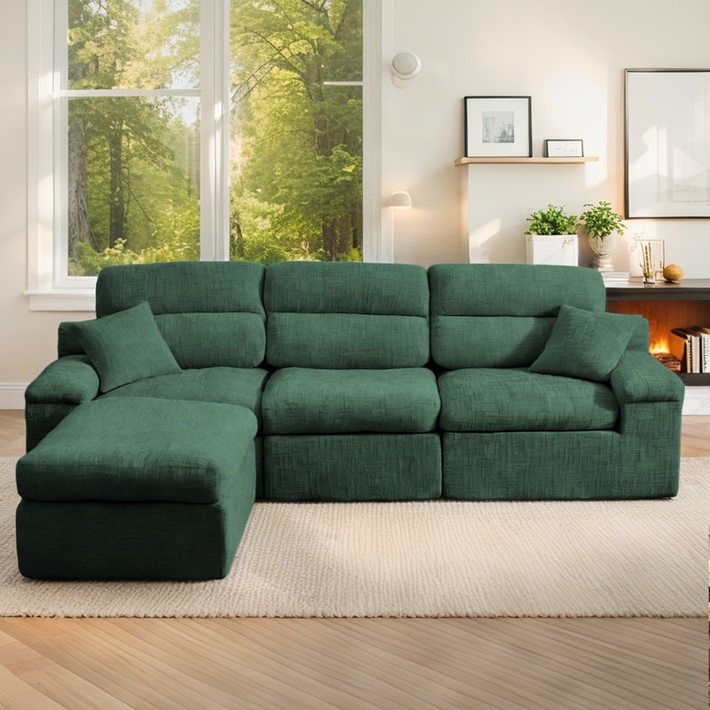 Canapé modulaire en L 110 po Chenille, Chenille vert foncé