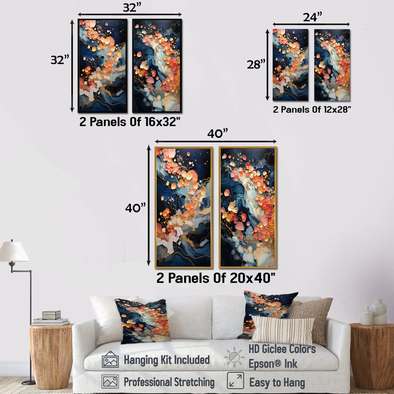 Rose et bleu tourbillonnant, peinture fluide I - ensemble de 2 reproductions d'art sur toile, Cadre flottant blanc