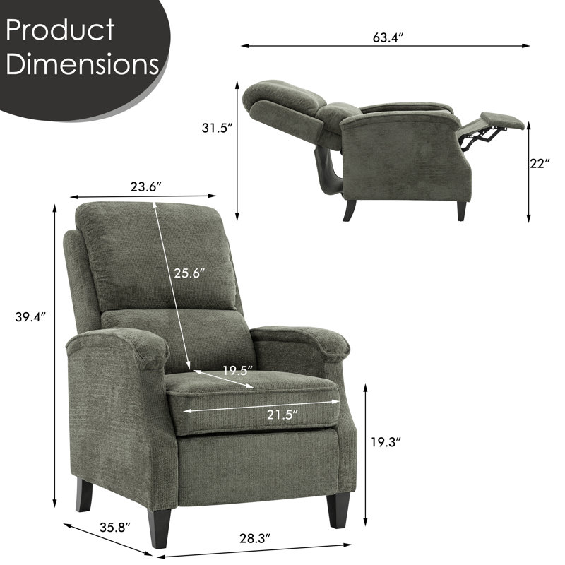 Modern Design Fabric Upholstered Push Back Recliner, Gray-Green