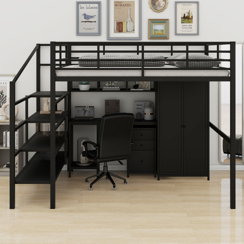 Lit mezzanine en métal avec ensemble de table et garde-robe
