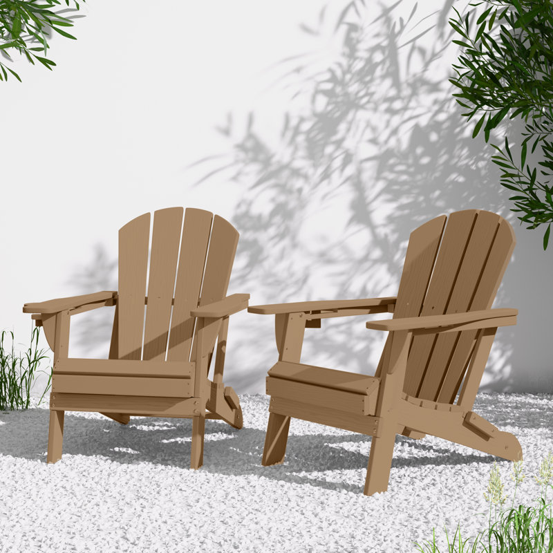 Oversized All-Weather Foldable Adirondack Chair with Cup Holder（Set of 2） , Brown, Set Of 2