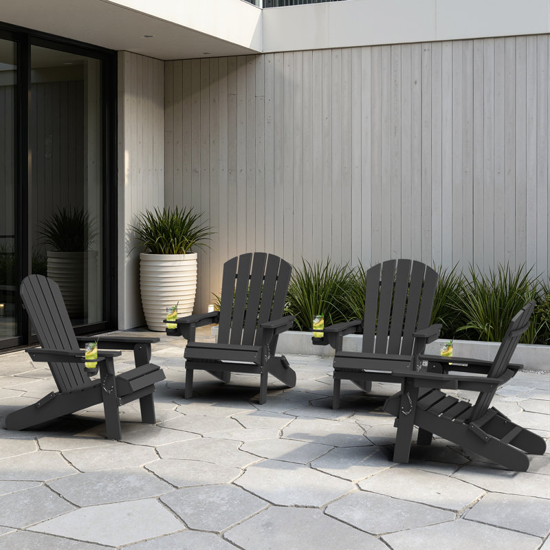  Outdoor HDPE Foldable Adirondack Chair Set, Black