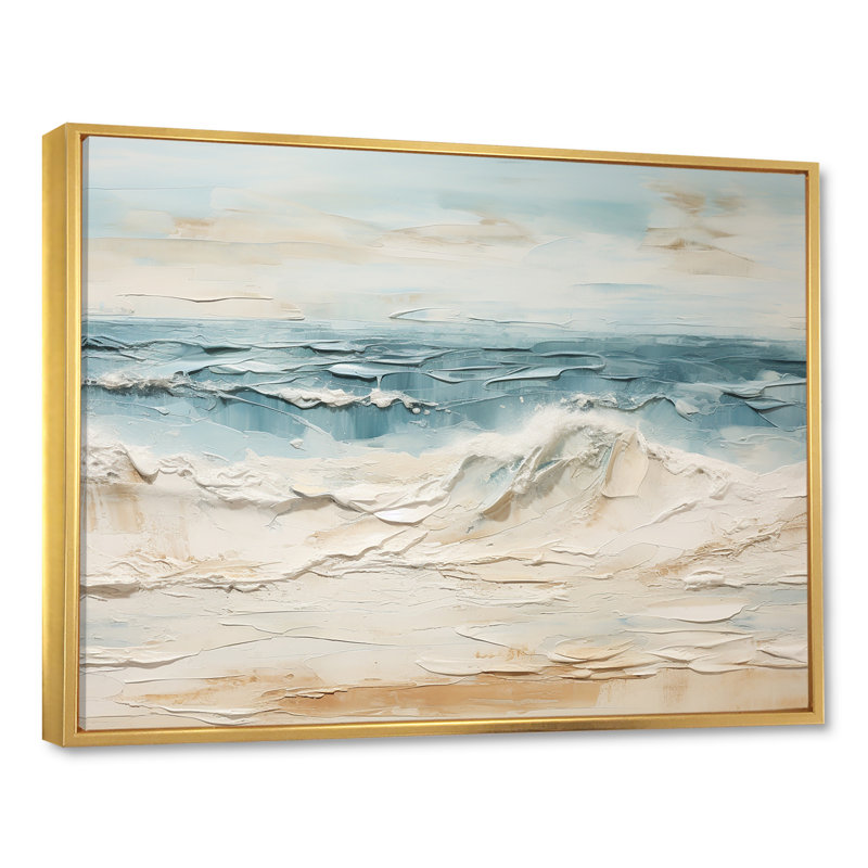 «Beige et bleu plage tranquille» sur toile, H 34 po x l 44 po x P 1,5 po, Cadre flottant doré