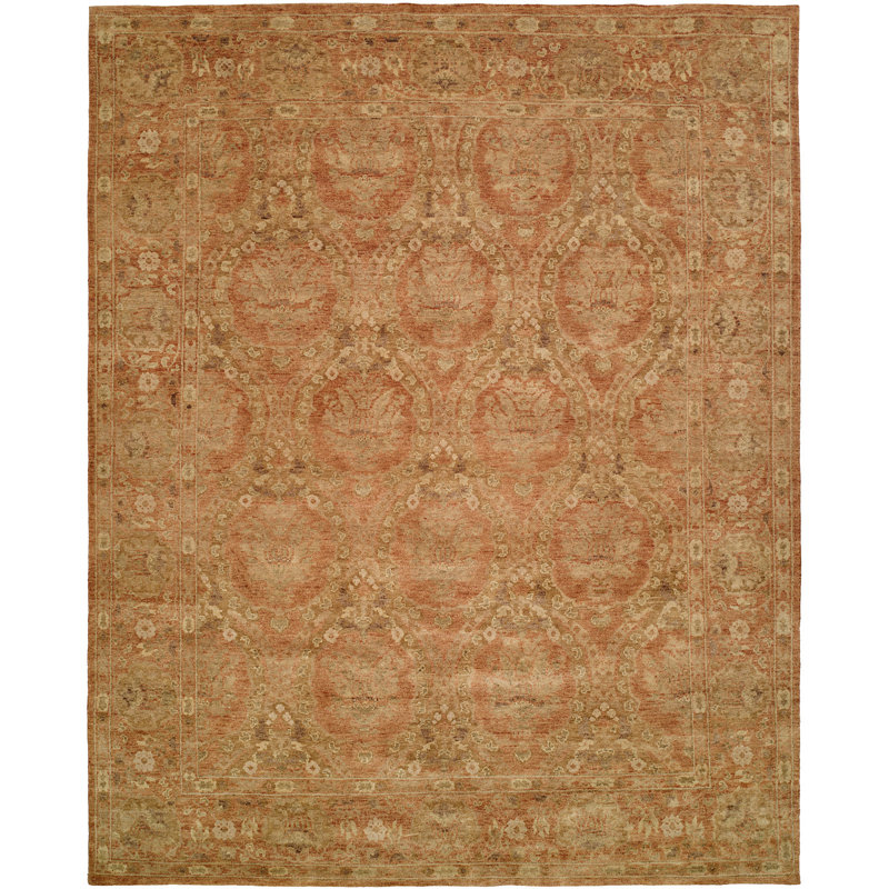 Wool Damask Area Rug in Brown, Rectangle 6' x 9'