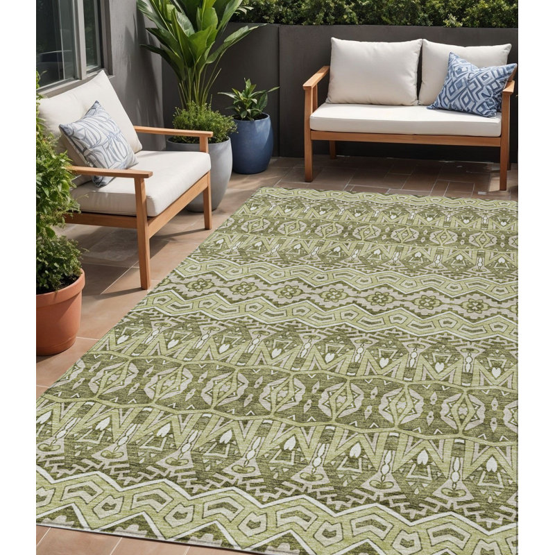 Tapis d'intérieur / extérieur 5 pi x 8 pi vert gris et ivoire avec artichauts