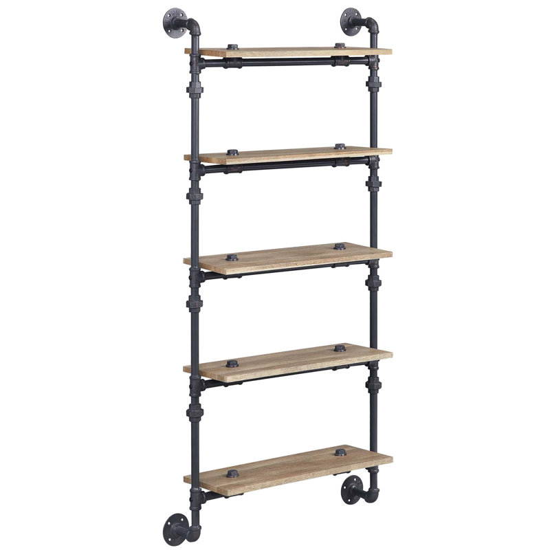 5 Tier Floating Wall Shelf In Oak And Sandy Black With Water Pipe Design, Mounted For Storage Display At Home, 23"L X 9"W Shelves, 28" Depth Style Shelf, Oak, For Spacious Home Decor, 9"W, 59" Height