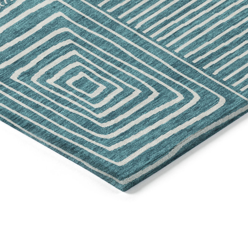 Teal Geometric Pattern Washable Synthetic Area Rug