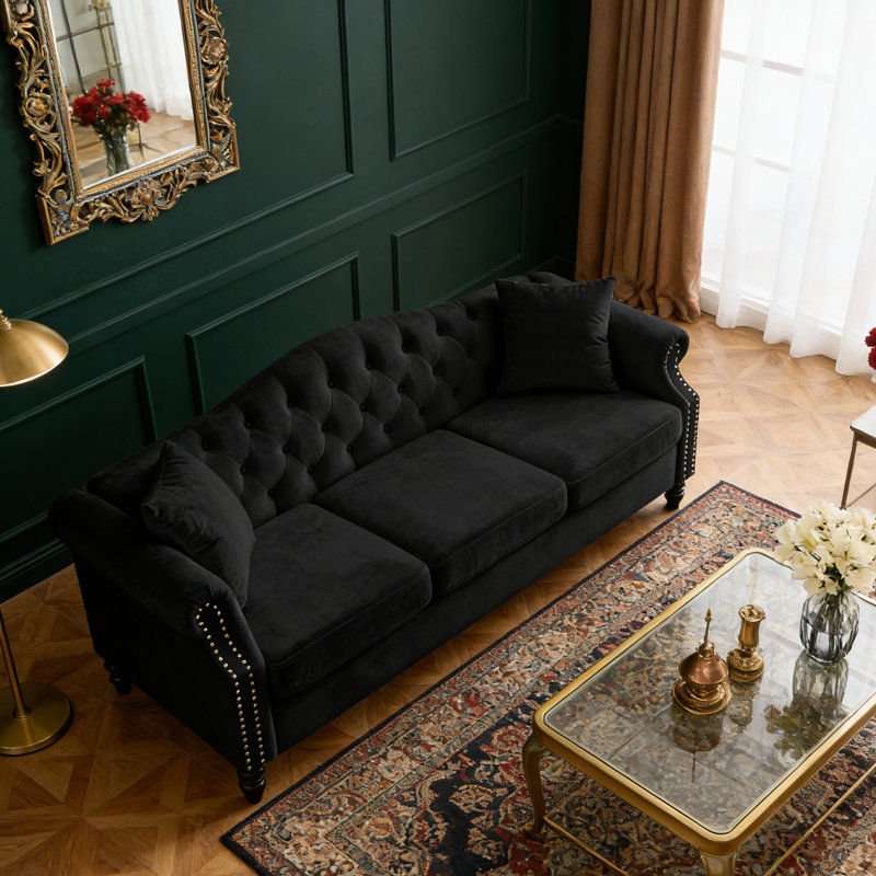 Canapé Chesterfield de 79 po en velours 3 places avec mousse haute résilience et conception ergonomique, canapé capitonné pour un confort ultime, comprend 2 coussins
