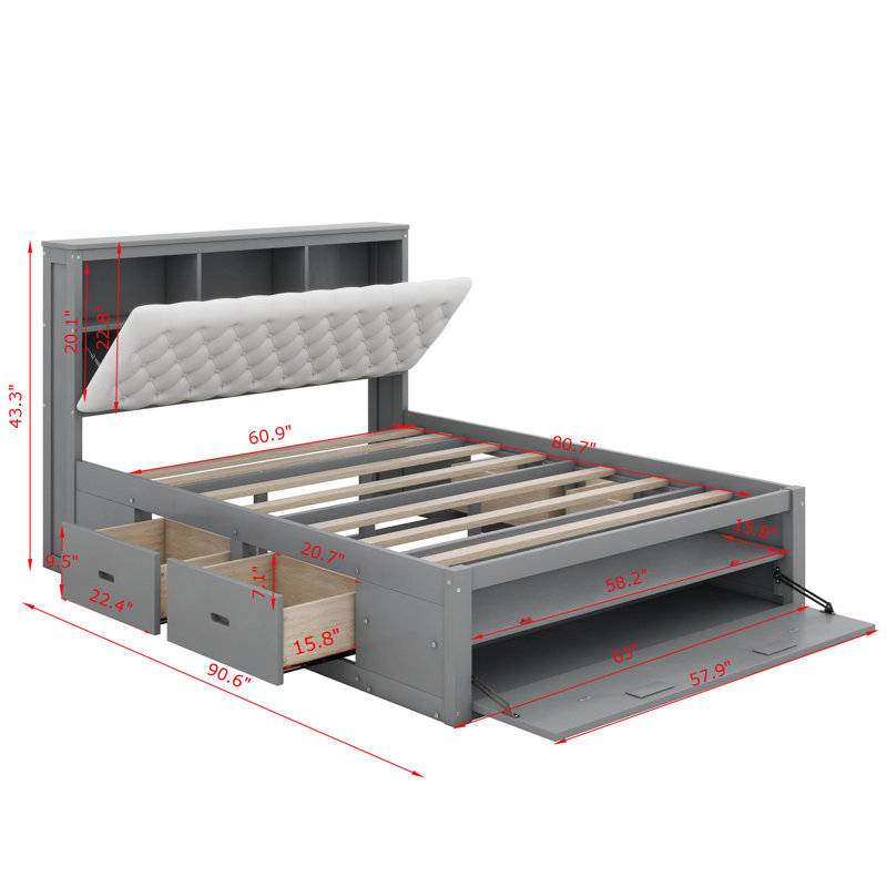 Revollo Wood Queen Size Platform Bed with Storage Headboard, Shoe Rack, and 4 Drawers, Gray/White/Black
