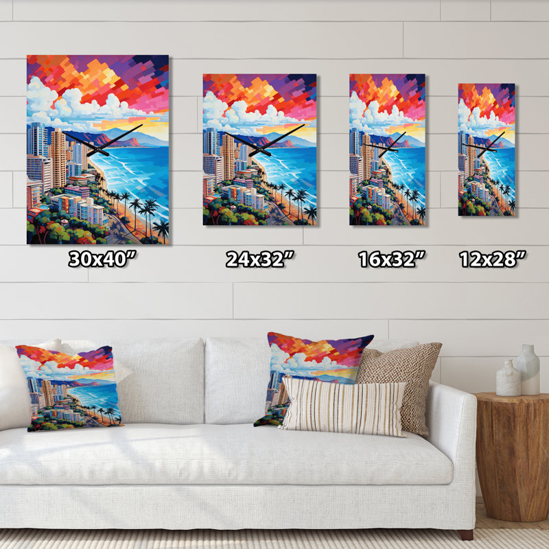 City Maui Popart III - Cityscapes Very Large Wall Clocks, 28" H x 12" W x 1" D