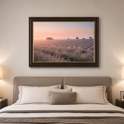 Purple Lavender Field With House Under Pink Sunrise Sky Canvas Wall Art