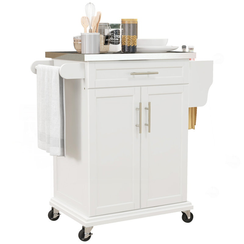Kitchen Island On Wheels, Rolling Kitchen Cart With Stainless Steel Countertop, Drawer, Towel Rack And Spice Rack, Utility Storage Trolley