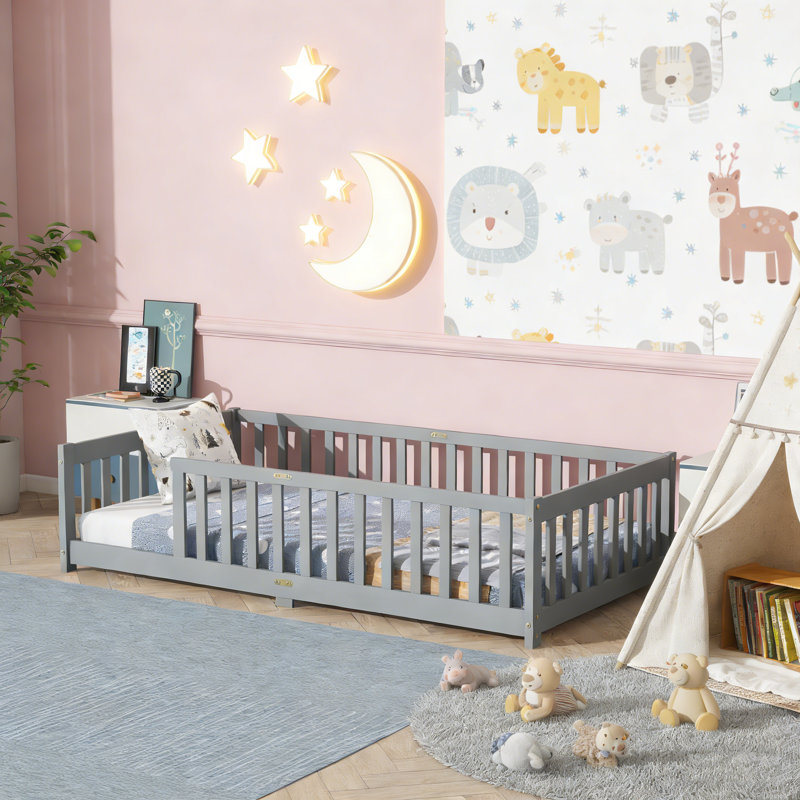 Lit simple en bois massif pour lit de transition pour tout-petit avec clôture sans porte, Gris