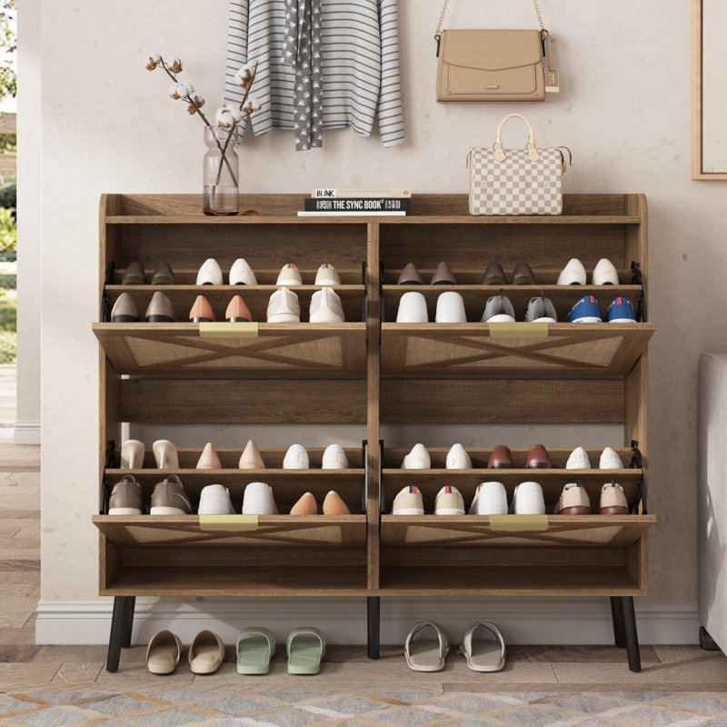 Grande armoire à chaussures avec 4 tiroirs rabattables pour le vestibule, Rotin chêne rustique