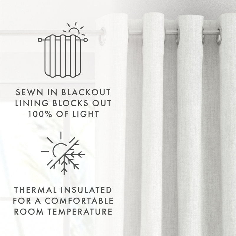 100% Blackout Textured Linen-Blend Grommet Curtain Set, White, 50" W x 96" L