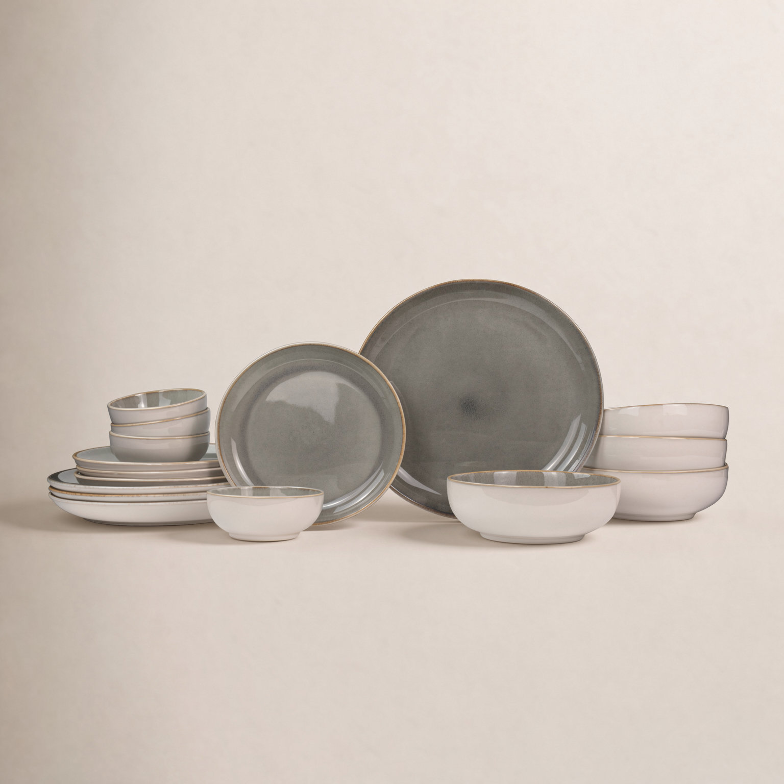 Resona Stoneware Dinnerware Set - Service for 4, Moss Green/Cream