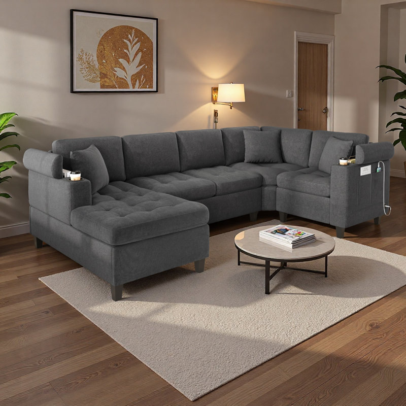 115.7" U-shaped Sectional Sofa With Usb Ports & Storage, Modern Chenille Corner Couch With Chaise, Cup Holders And Plush Tufted Cushions For Living Room