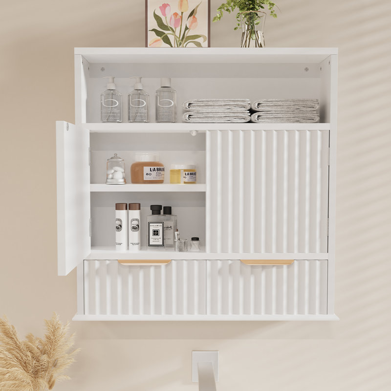 Armoire murale cannelée avec tiroirs, armoire de rangement en bois avec tablette réglable et compartiment ouvert, rangement mural pour salle de bain, cuisine ou buanderie