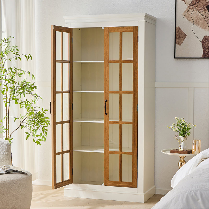 71.2'' Freestanding Glass Door Pantry, Farmhouse Style Display Cabinets, Curio Cabinet With Lattice Window For Hallways, Livingroom Kitchen & Office, White & Balck, White & Brown