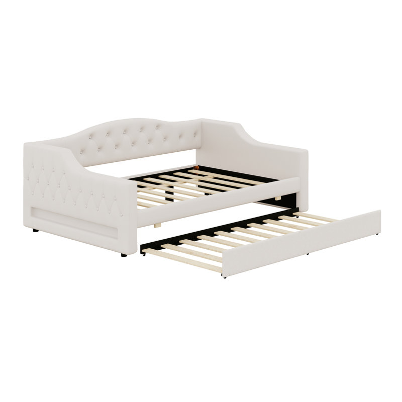 Upholstered Daybed With LED Belt And Trundle, Beige