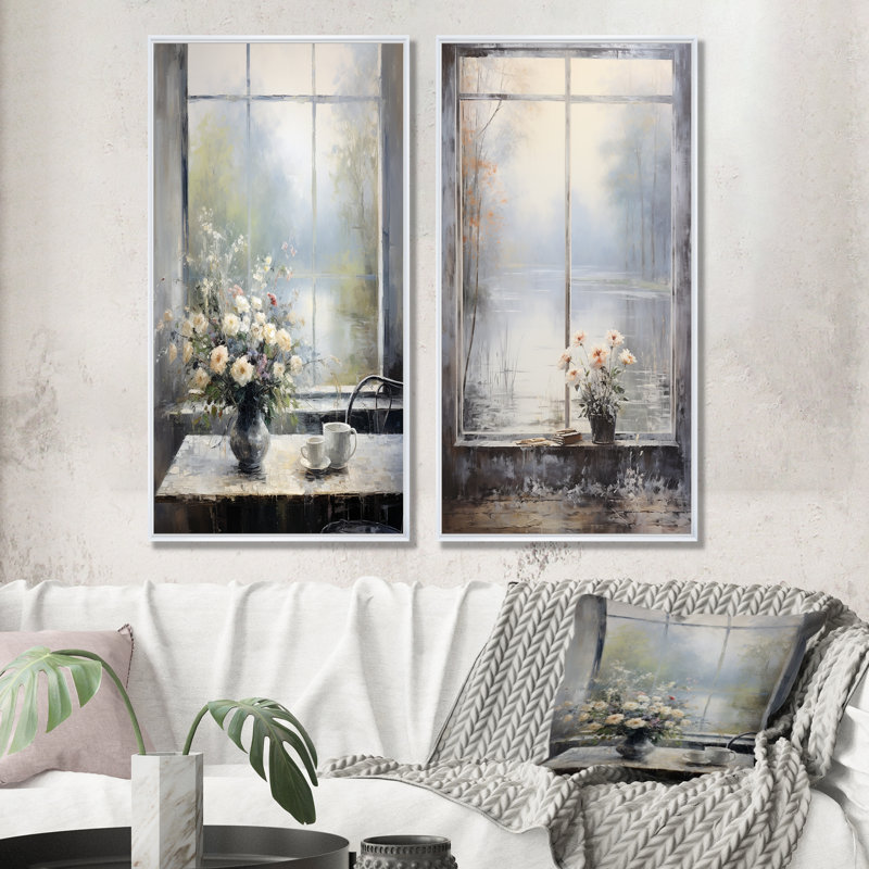 «Gray Misty River Window View I», ensemble de 2 impressions sur toile, Cadre blanc, H 28 po x l 25 po
