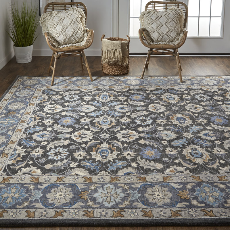 Azalea Wool Oriental Area Rug in Taupe/Blue/Ivory, Rectangle 4' x 6'