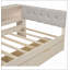 Lit plateforme simple en bois avec tablettes de rangement, tiroirs, station de charge et tête de lit tapissier, crème