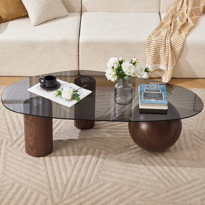 Modern Triangular Coffee Table With Three Legs, Metal Ball Feet And Bun Base Coffee Table For Living Room/Guest Room