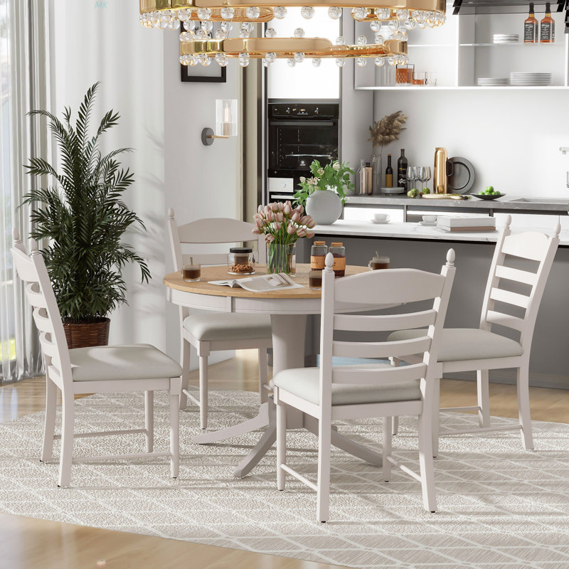 5-Piece Retro Functional Dining Table Set Wood Round Extendable Dining Table And 4 Upholstered Dining Chairs, Brown/Off White
