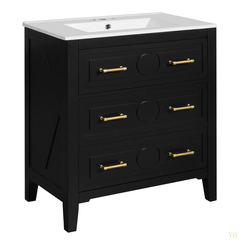 Ensemble de meuble-lavabo simple 30 po avec 3 tiroirs, meuble-lavabo autoportant avec cadre en bois massif 30 po, Noir, Doré
