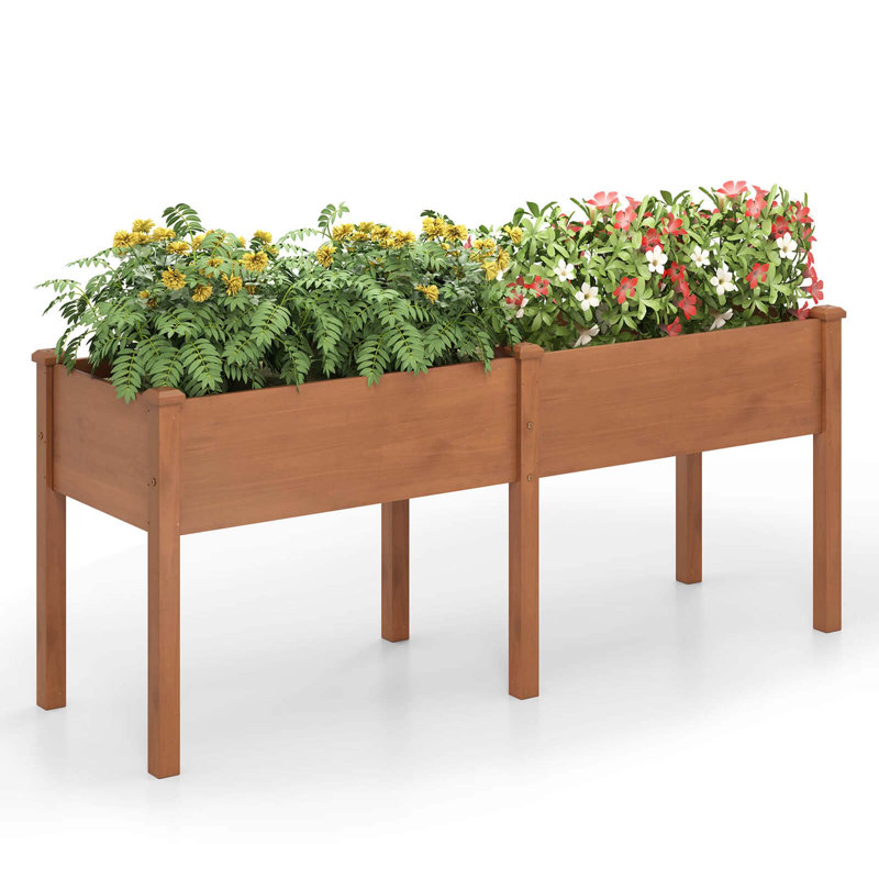 Raised Garden Bed Elevated Fir Wood Planter Box With 2 Large Planting Areas, Brown