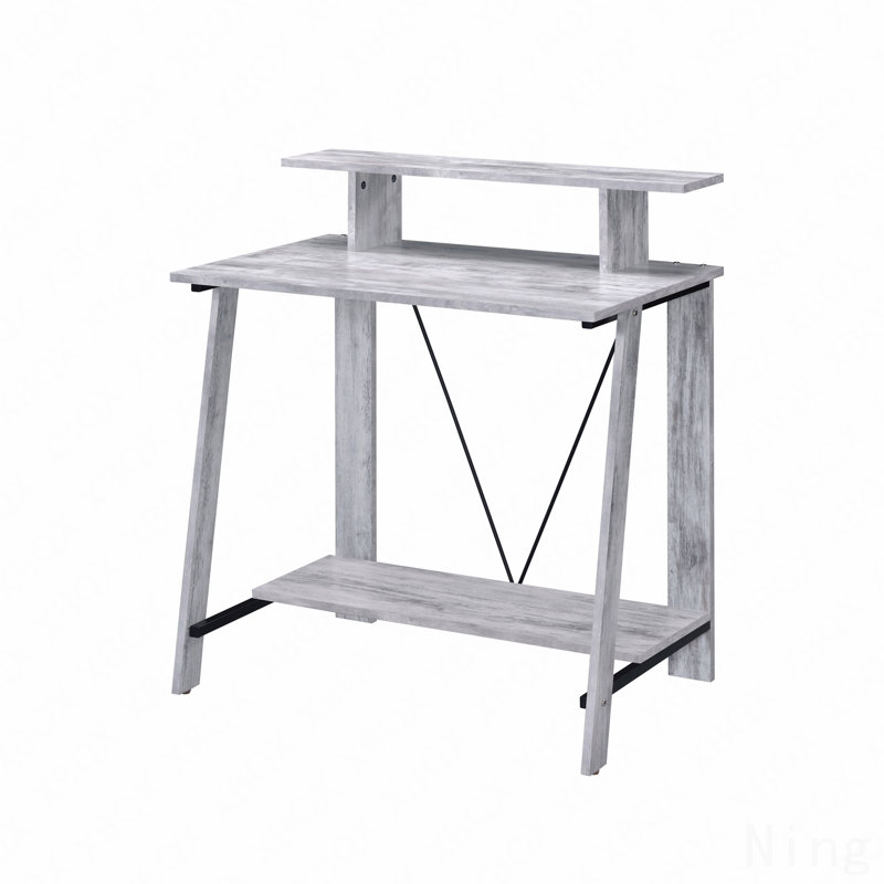 Writing Desk, Antique White & Black with Upper Shelf, Gray