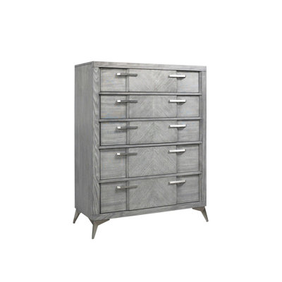 Commode élégante à 5 tiroirs avec placages assortis, parfait pour le rangement organisé et la décoration élégante.