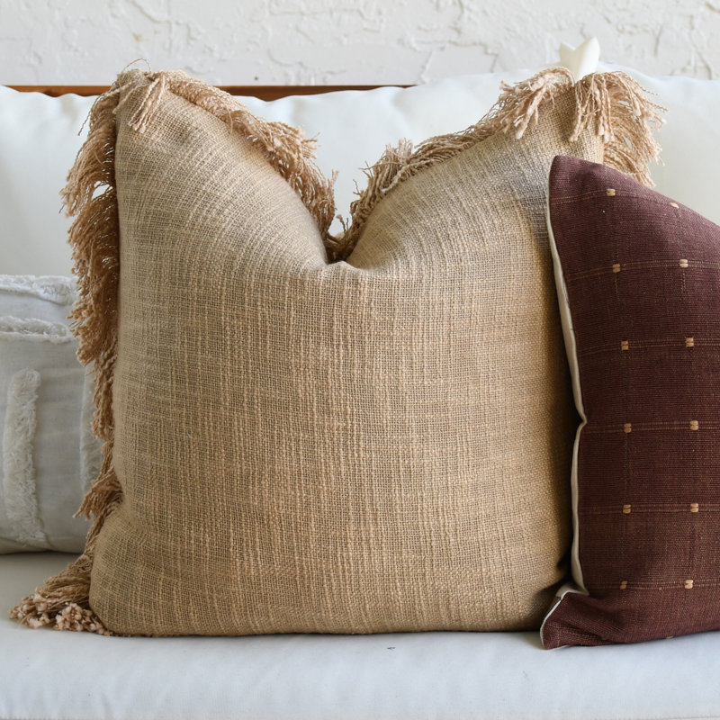 India Chic Fringed Cotton Pillow Cover, Brown, 16" x 16"