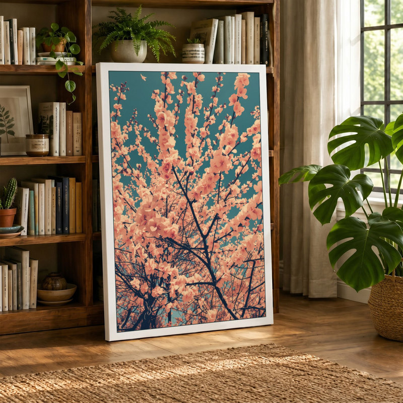 Moonlit Cherry Blossom Botanical - Wrapped Canvas, 36x24 - 91.4 x 61.0 cm, Terracotta Border