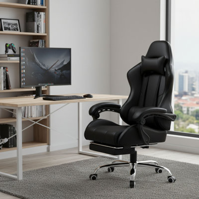 Office/Gaming Chair (Black), 360° Rotating And Height Adjustable, With Footrest And Headrest + Strong Lumbar Support, Faux Leather Version