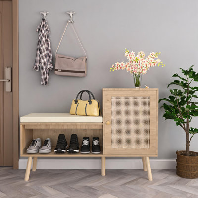 Banc de rangement pour chaussures 2-en-1 2 places, bois naturel et rotin PP avec tablettes réglables