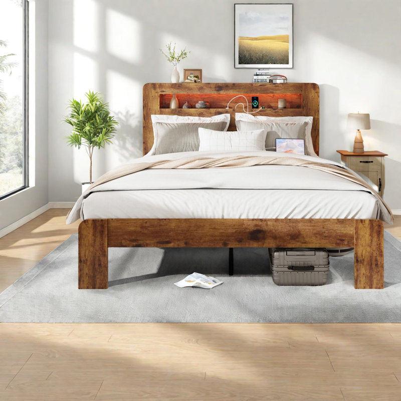 Lits modernes très grand, structure en bois et métal avec rangement à DEL, brun foncé