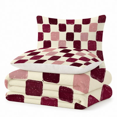 Premium Flannel Lightweight Blanket & 2 Pillow Shams Set with Deep Red & Pink Textured Paint Checkerboard, Ultra-Soft & Warm Cozy Bedding Set for All-Season, 60" x 80" Blanket + 2 Pillowcases Anti-Pilling & Machine Washable(Set of 3)