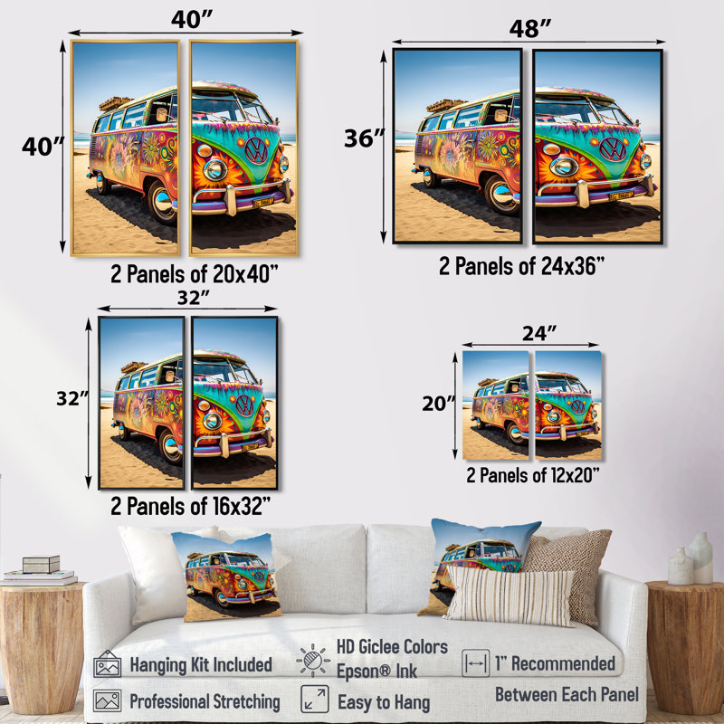 «Magic Hippie Bus On The Beach I» - Décoration murale moderne jaune, Black, 36" H x 48" W, Impression encadrée flottante
