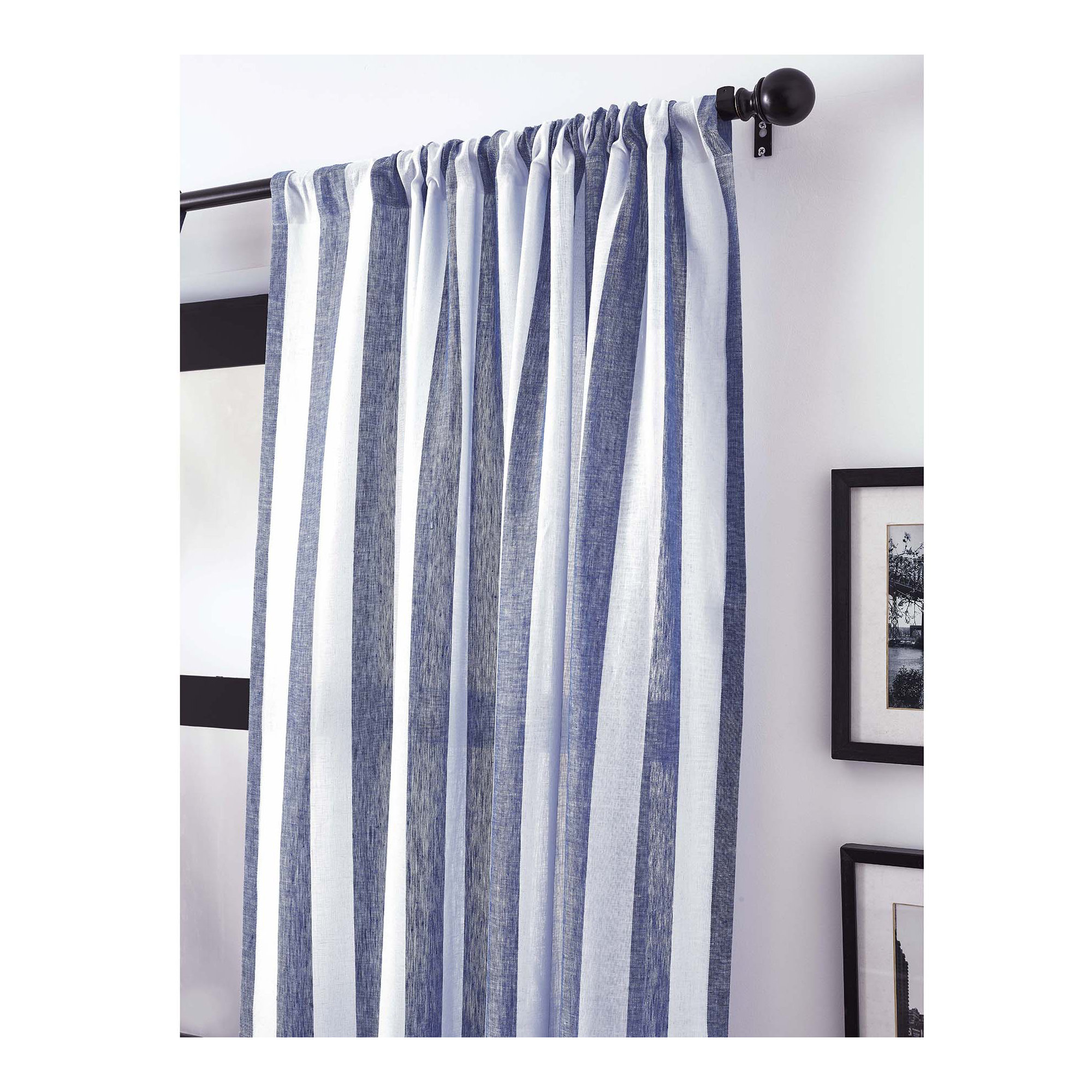  Stripe - 100% Pure Linen Curtain, 52" W x 84" L, Navy and White