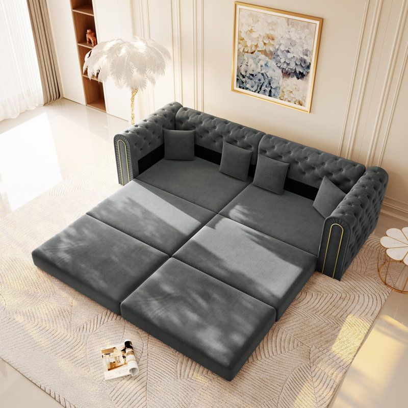 Canapé-lit 90,6 "convertible 3-en-1 avec capitonnage à boutons et bordure dorée - Élégant canapé moderne à 3 places avec repose-pieds mobile pour le salon, appartement, bureau et chambre à coucher en beige / blanc
