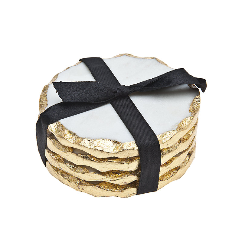 Edica Marquise Raw Edge Marble Coaster Set, White/Gold