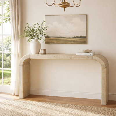 Console de 52 po en bois avec bord incurvé, texture naturelle, parfaite pour les vestibules et les salons