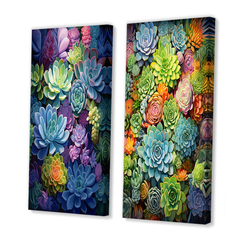 «Blue Green Succulents Botanical Oasis», 2 pièces, H 40 po x l 40 po, Toile tendue